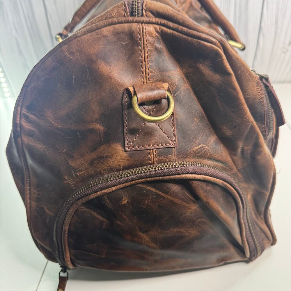 Vintage 90’s Brown Leather Weekender Duffle Patchwork Bag 20”x10”x10” Logo/Name - Picture 4 of 13